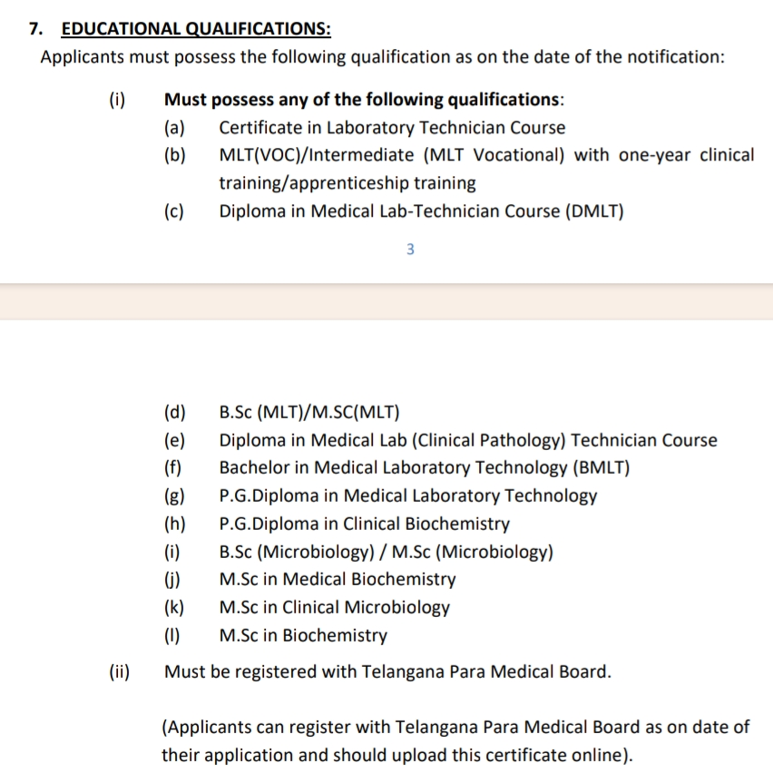 TG MHSRB Lab Technician Recruitment 2024 Qualification Details